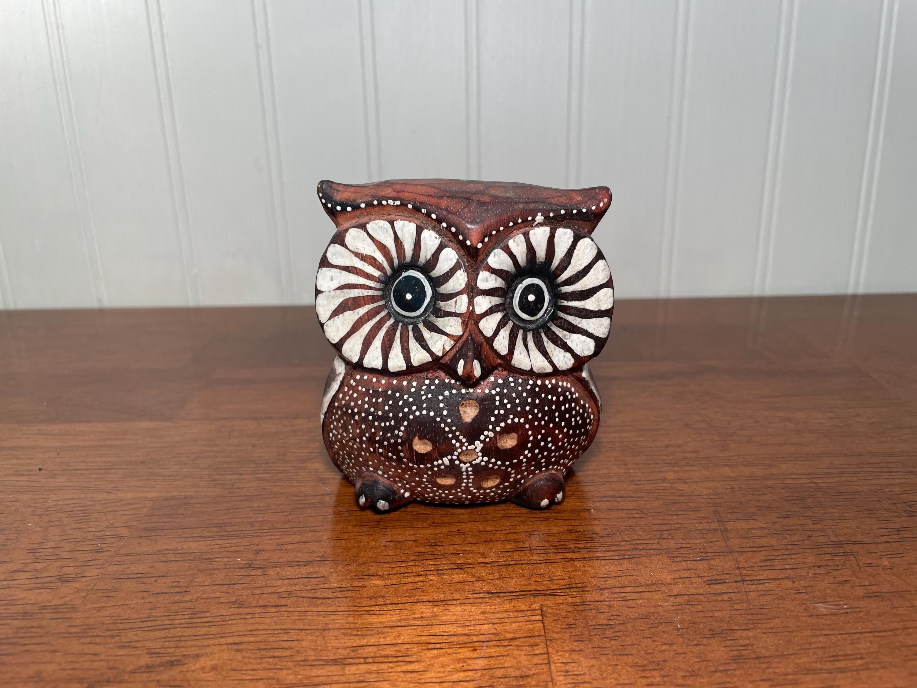 Vintage Hand-Painted Wooden Owl with Big Eyes, Folk Art Wood Figure, Brown White Bird Statue, Southw