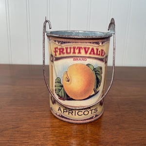 May include: Vintage metal bucket with a handle, featuring a Fruitvale Brand label. The label showcases a detailed illustration of a ripe apricot with green leaves. The words "CALIFORNIA APRICOTS" are printed at the bottom.