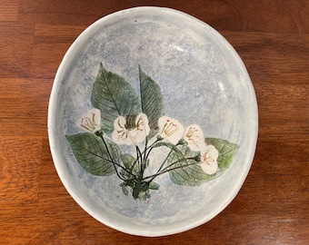 Salt Marsh Pottery Wild Cherry Bowl, Hand-painted Dartmouth MA, 6" Floral Wall Hanging, Light Blue Ceramic Dish, White Flowers Green Leaves