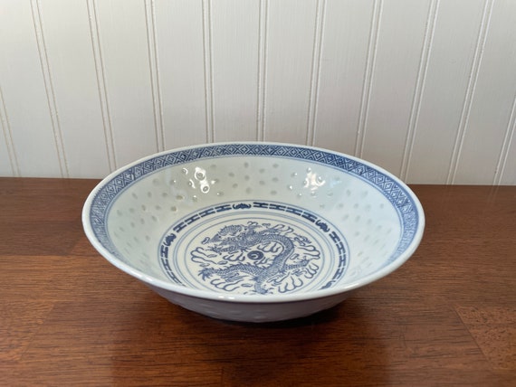 Chinese Blue & White Porcelain Dragon & Rice Eyes 1 Vegetable Bowls 9" 