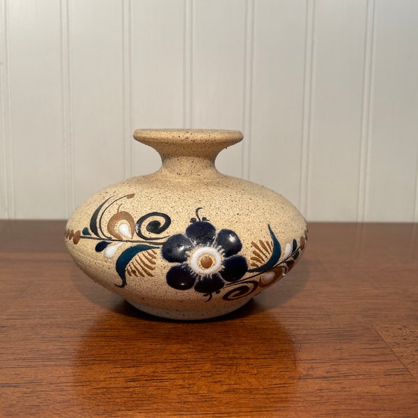 Signed Rodoug Southwest Pottery Vase, Saguaro Stoneware, 3"H Beige Hand Painted Studio Art, Cobalt Blue Brown White Floral, Boho Decor
