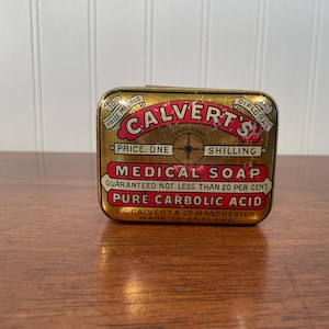 Calvert&#39;s Medical Soap Tin Box, English Advertising Lithograph, 3.25&quot; Vintage Gold-tone Metal Holder, Red Black Beige  Lidded Storage
