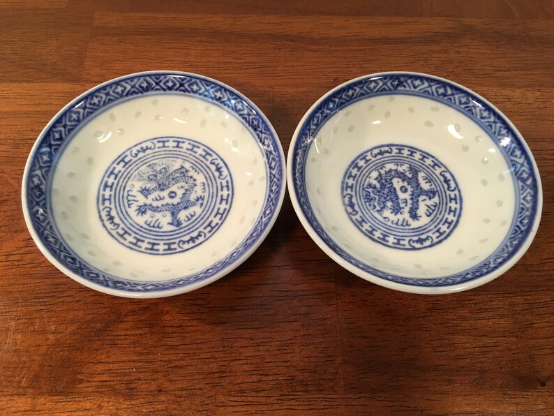 Vintage Blue White Dragon Sauce Plates 4 Round Chinese Rice Grain Porcelain Set Of 2 Rice Eye Bowls Sushi Dish Transluscent Asian Ceramic Dining Serving Home Living Khindia In