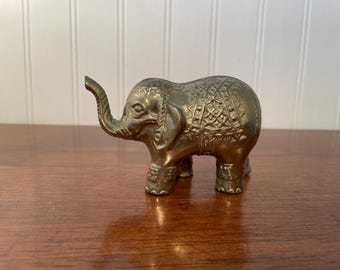Vintage Embossed Brass Elephant, Small Textured Bronze Statue, Mid Century Modern Home Decor, Book Shelf Styling