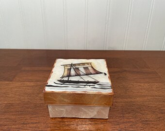 Vintage Capiz Shell Trinket Box with Sailing Ship, 3" Square Jewelry Holder, Mother of Pearl Seashell, Nautical Coastal Beach Cabin Decor