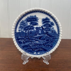 May include: A round, blue and white decorative plate with a landscape scene. The plate features a detailed illustration of trees, a bridge, and a building. The rim of the plate has a white, rope-like border. The plate is displayed on a clear stand.