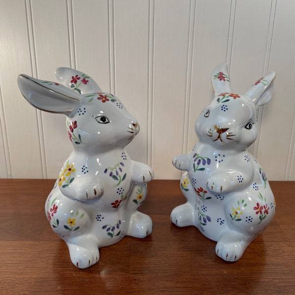 Set of 2 Formalities by Baum Bros Rabbit Figures, 6.75" White Ceramic Bunny, Purple Yellow Red Flower, Floral Spring Easter Statue, 10K Gold