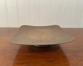 Hammered Brass Pillar Candle Holder, 5 quot Square Pedestal Display Stand, Made in India, Vintage Bronze Decor, Mid Century Modern