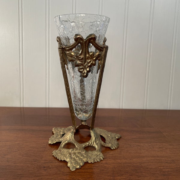 Brass Footed Grape Leaf Stand with Clear Crackle Glass Vase 6"H Bronze Metal Flower Holder, Pedestal Floral Accent, Bohemian Decor