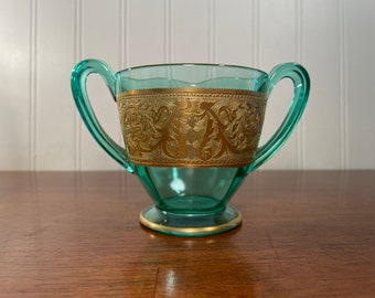 Bohemian Emerald Green Glass Sugar Bowl, Embossed Art Deco Gold Trim, 3.5"H Vintage Depression Glass, Textured Border, Cottage Chic Setting