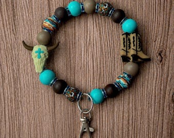 Western Boho Beaded Wristlet Keychain | Turquoise & Cowgirl Charm Bracelet