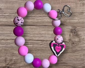 Pink Dance Wristlet Keychain, Heart Charm Wristlet, Beaded Key Ring, Gift for Dancer, Teen Girl Gift, Cute Pink Accessories