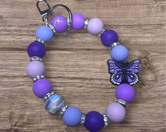 Purple Butterfly Silicone Beaded Keychain Wristlet – Lavender Violet Charm Accessory