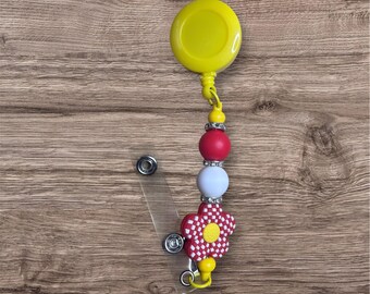 Cute Red and White Beaded Badge Reel with Red and White flower.  Brighten up your workday with this playful handmade badge reel!
