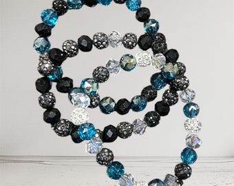Turquoise & Black Crystal Stretch Bracelet Set of 3