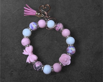 Pink Floral Beaded Wristlet Keychain – Butterfly & Rose Charm Keychain Bracelet with Tassel