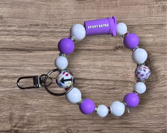 Purple Sport Bottle Wristlet Keychain, Silicone Bead Keychain Bracelet, Gym Lover Gift, Beaded Key Ring, Fitness Keychain, Cute Wristlet