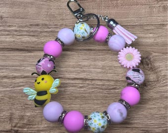 Bee & Bloom Beaded Wristlet Keychain – Pink Floral Silicone Bracelet with Tassel