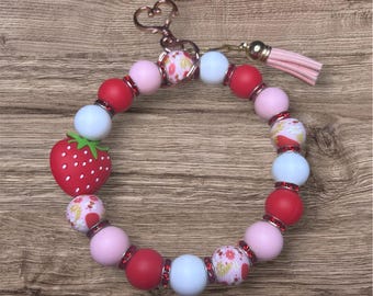 Strawberry Beaded Wristlet Keychain – Cute Red & Pink Silicone Bracelet with Tassel