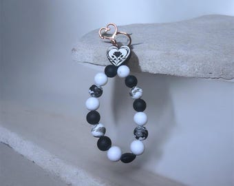 Black and White Beaded Keychain – Heart Charm Wristlet – Handmade Minimalist Key Ring