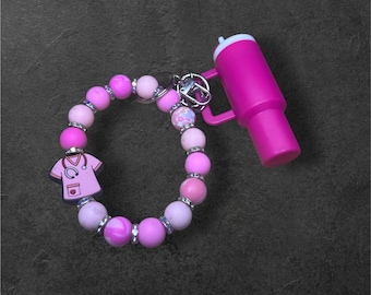 Pink Nurse Beaded Wristlet Keychain with Scrub and Mini Tumbler Charms