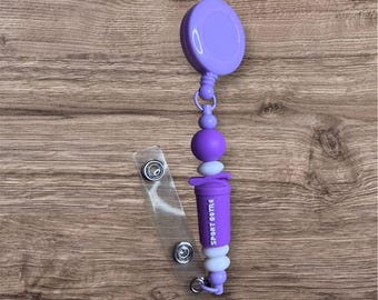 Cute Purple and White Beaded Badge Reel.  Brighten up your workday with this playful handmade badge reel!