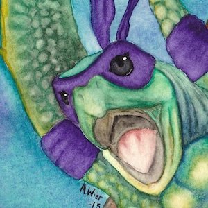 May include: Watercolor painting of a turtle-like creature with purple accents, holding a wooden staff. The artwork features the text "Weasels on Easels" and "by A. Wier". The background is a blend of blue and green hues with bubbles.