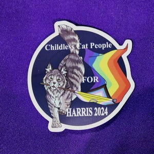 May include: A sticker featuring a gray tabby cat holding a stick, with text that reads "Childless Cat People FOR HARRIS 2024." The cat is positioned in front of a rainbow flag with a progressive pride flag design.