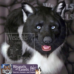 May include: A black and white fursuit head with blue eyes and an open mouth. The fursuit has a realistic design with detailed fur textures. The text "Weasels on Easels" is visible on the image, along with the words "Fine Art, Fursuits, and Cosplay."
