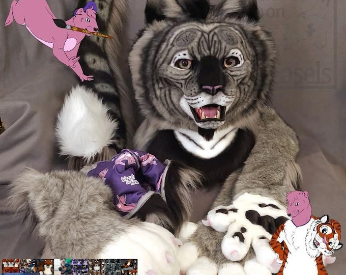 READY 2 SHIP Bobcat Moving Jaw Fursuit Partial Plus - Premade Furry Khajjit Cosplay Mascot Mask - Faux Taxidermy - Head, Tail, Paws, Sleeves