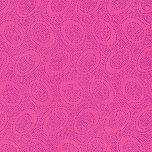 May include: Bright pink fabric with a repeating pattern of oval shapes. Each oval is outlined with a darker pink and filled with tiny dots. The fabric has a textured appearance.