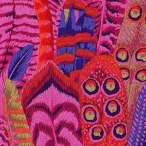 May include: A colorful abstract pattern featuring a variety of feathers in shades of pink, red, purple, and blue. The feathers are arranged in a layered and overlapping design, creating a sense of depth and texture.