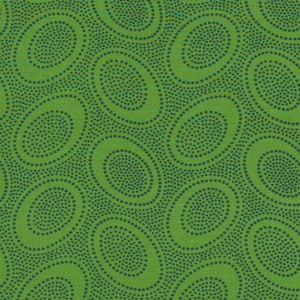 May include: Green fabric with a repeating pattern of dark blue circles filled with smaller dark blue dots. The circles are arranged in a wavy pattern.