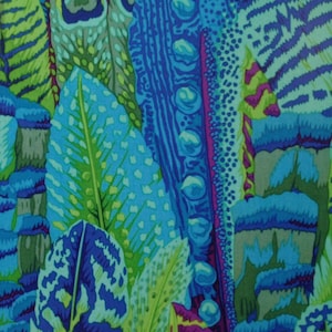May include: Abstract pattern featuring blue, green, and purple feathers with a textured design. The pattern is reminiscent of tropical foliage and peacock feathers.
