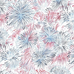 May include: A white fabric featuring a repeating pattern of stylised firework bursts in shades of navy blue, light blue, and red. The design consists of thin, radiating lines and small dots that create a dense, layered effect across the surface.