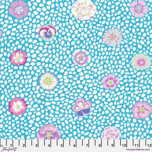 May include: A blue fabric with a white polka dot pattern and pink and white floral designs. The fabric is 12 inches wide.