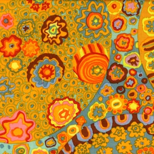 May include: A colorful fabric with a retro pattern of swirling circles, flowers, and abstract shapes in shades of orange, yellow, blue, green, and pink.