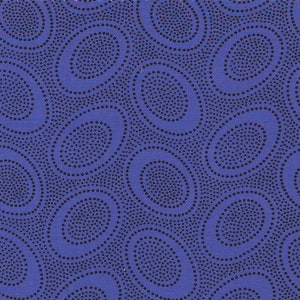 May include: A purple fabric with a repeating pattern of black circles and ovals. The circles and ovals are filled with small black dots.