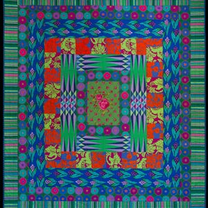May include: A rectangular quilt featuring a central green panel with pink rose patterns, surrounded by concentric borders of geometric shapes, floral motifs, and circles in vibrant shades of blue, green, orange, purple, and pink with striped edges.