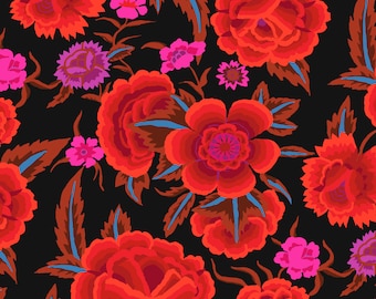 May include: A black background with a repeating pattern of red, pink, and orange flowers. The flowers are stylized and have a layered look.