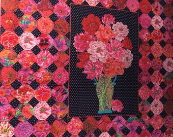 BROCADE PEONY MEDALLION Quilt Pattern   72" x 82"  Pdf Download pattern  only