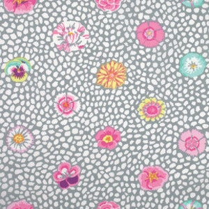 May include: Grey fabric with a white polka dot pattern and colourful floral designs. The flowers are in various shades of pink, yellow, green, and blue.
