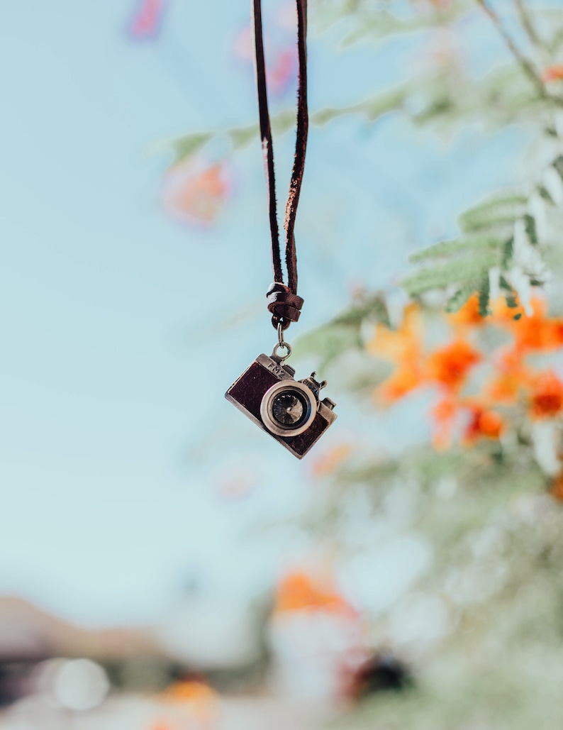 Camera Necklace Brown Leather and Alloy Camera Pendant Adiustable Necklace