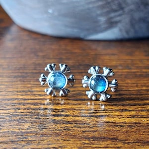 May include: A pair of silver snowflake earrings with blue iridescent stones in the center.