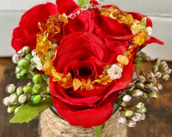 Crystal Beaded Bracelet with Fairy Flowers and Leaves Amber, Aquamarine, Amethyst, Peridot, Quartz Cottagecore