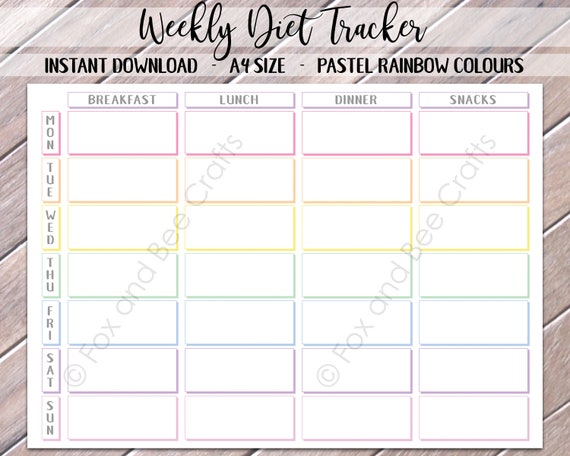 A4 Weekly Diet Tracker Pastel Rainbow Printable Daily Food | Etsy