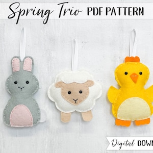 PDF Pattern for Spring Trio, felt sewing pattern, full instructions, templates - PATTERN ONLY - Bunny, Chick, Lamb