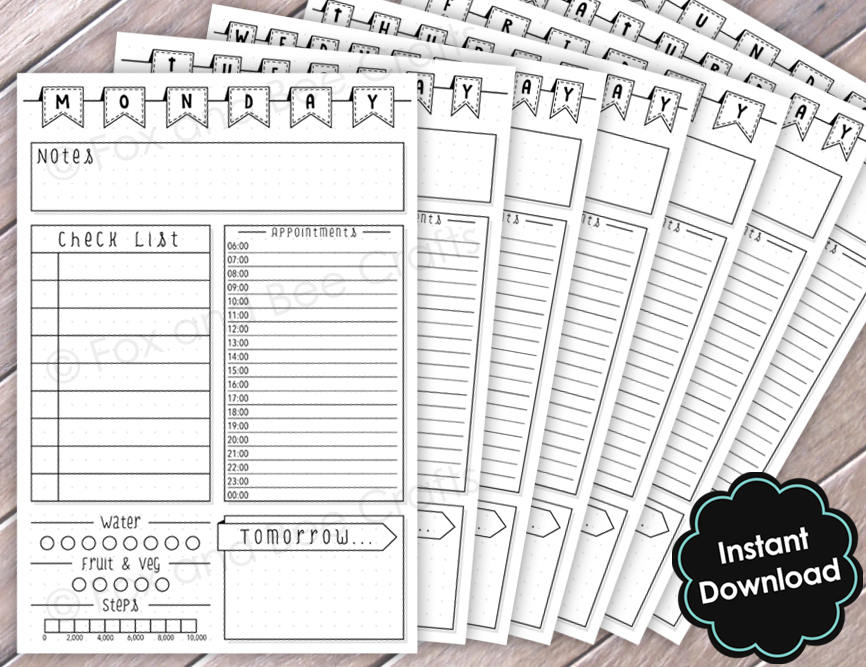 Printable Bullet Magazine Every day Finish 7 days unfold - Black and white A5 dimensions - Bunting flag structure - BUJO Printable image regarding Bullet Journal Weekly Spread Printable identified as Printable Bullet Magazine Everyday Entire 7 days unfold - Black and white A5 dimensions - Bunting flag design and style - BUJO Printable