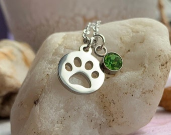 Stainless Steel PAW PRINT Birthstone Necklace - Dog lover necklace cat lady gift animal gift - christmas gift pet gifts october birthday