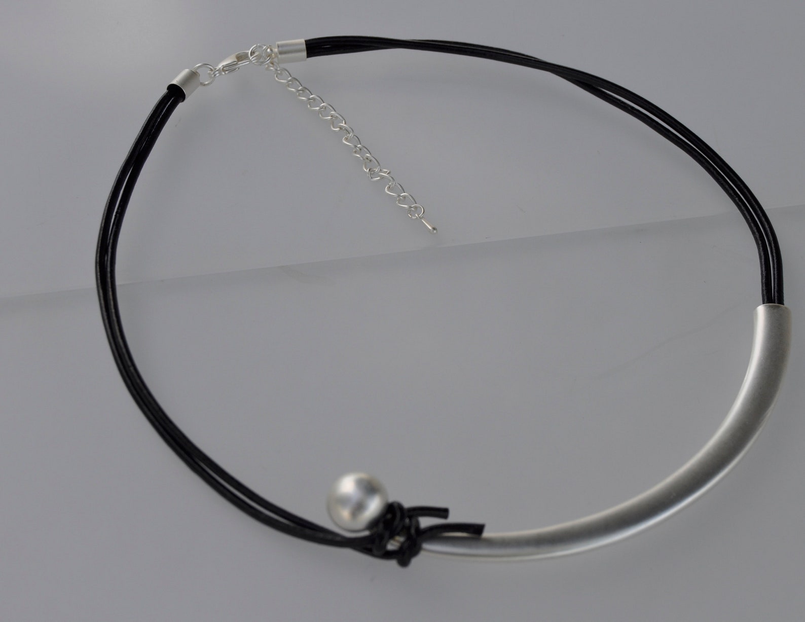 Black leather cord necklace with matte silver plated Etsy